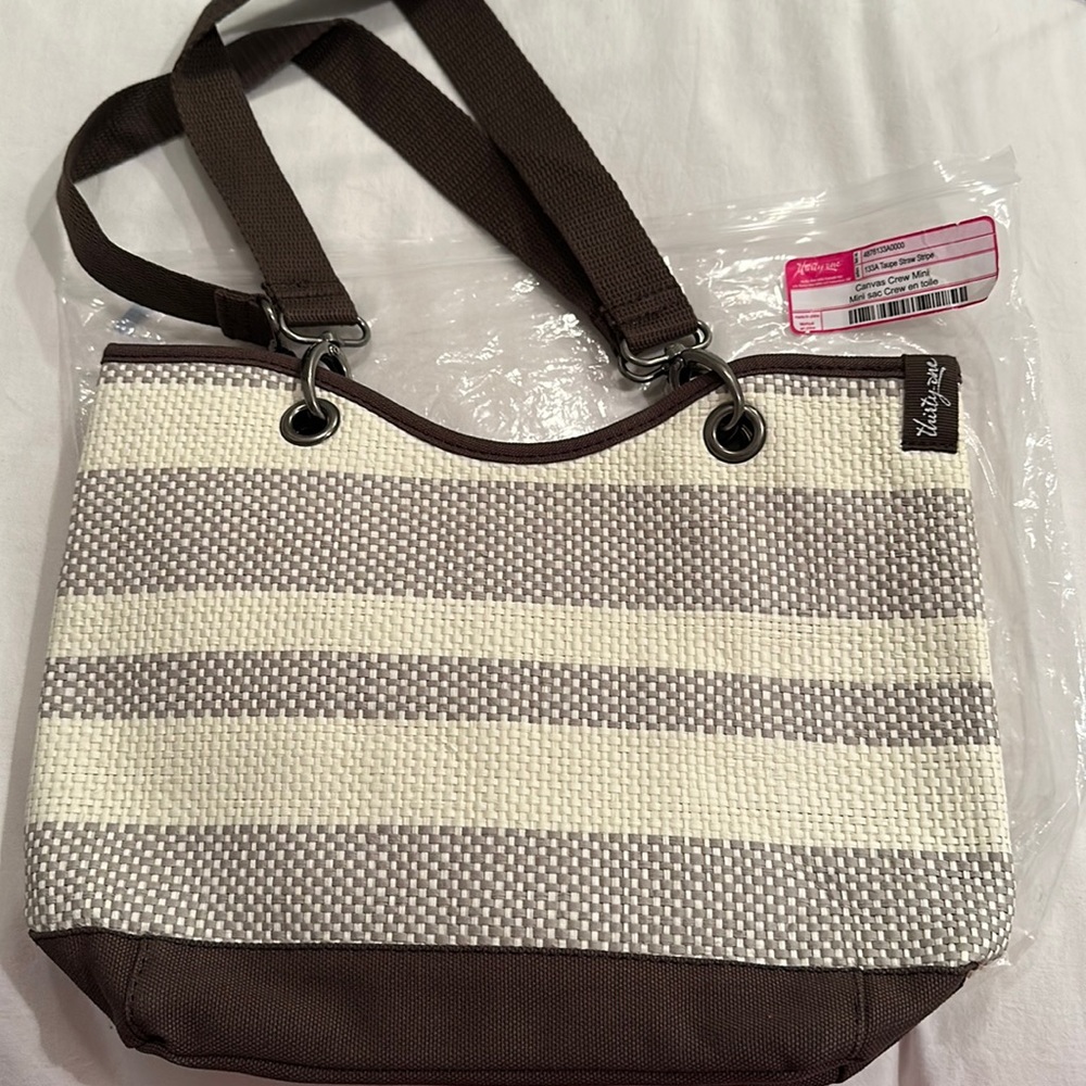 NWT Thirty One Canvas Crew Mini in Taupe Straw Stripe